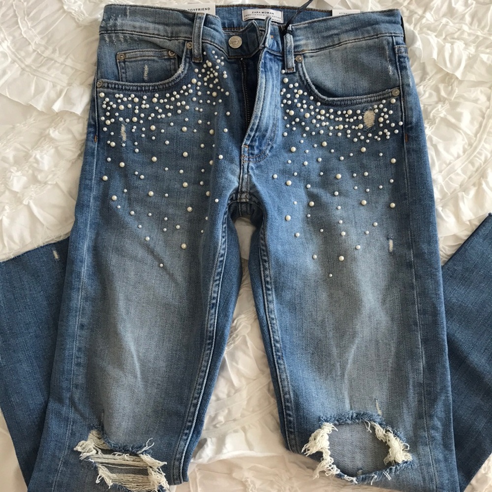 Zara slim bf jean distressed w/ pearl accents NWT